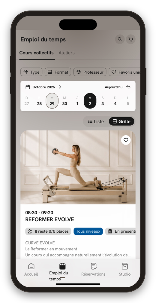 Curve app schedule with a Reformer Evolve class